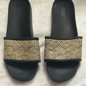 Black Slide Sandals with Natural Woven Strap